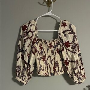 Floral Cream and Red Ranched Women's Topped